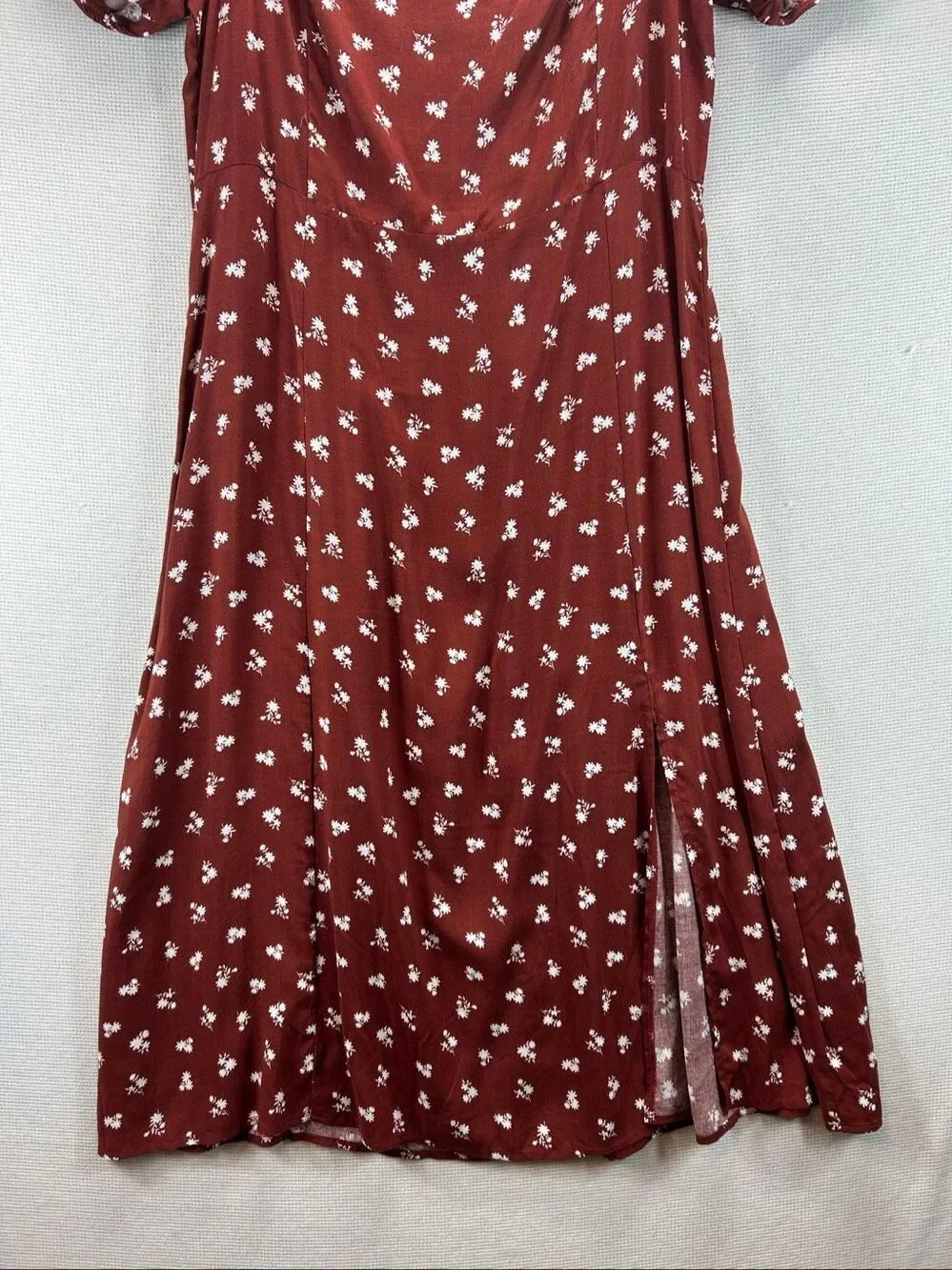 mi ami Rust Red Floral Puff Sleeve Smocked Milkmaid Back Maxi Dress Size XL NWT